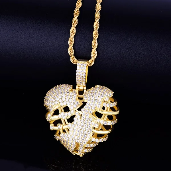 Золото сломанный Скелет сердце кулон ожерелье с теннисной цепочкой AAA кубический циркон мужские Хип Хоп рок ювелирные изделия - Окраска металла: gold