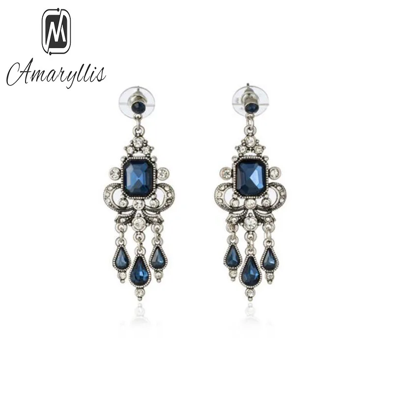 Amaiyllis Elegant Navy Blue Crystal Pendant Earrings For Party Chunky