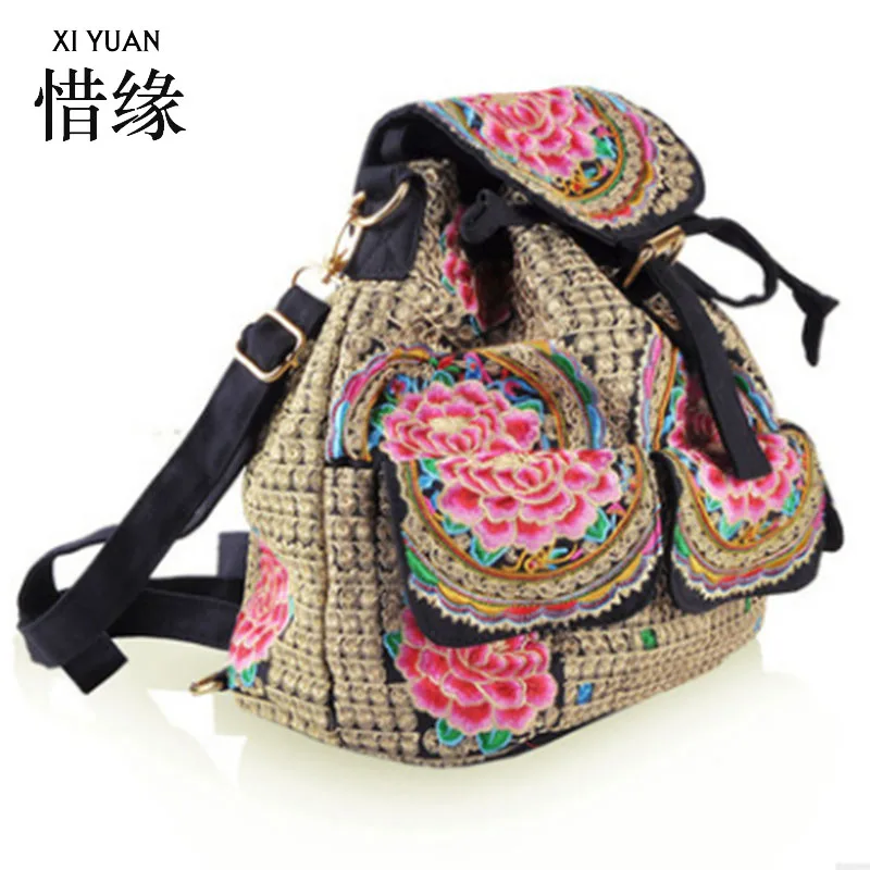 XIYUAN BRAND high quality and new fashion woman canvas embroidery ethnic backpack handmade ethnic style shoulder