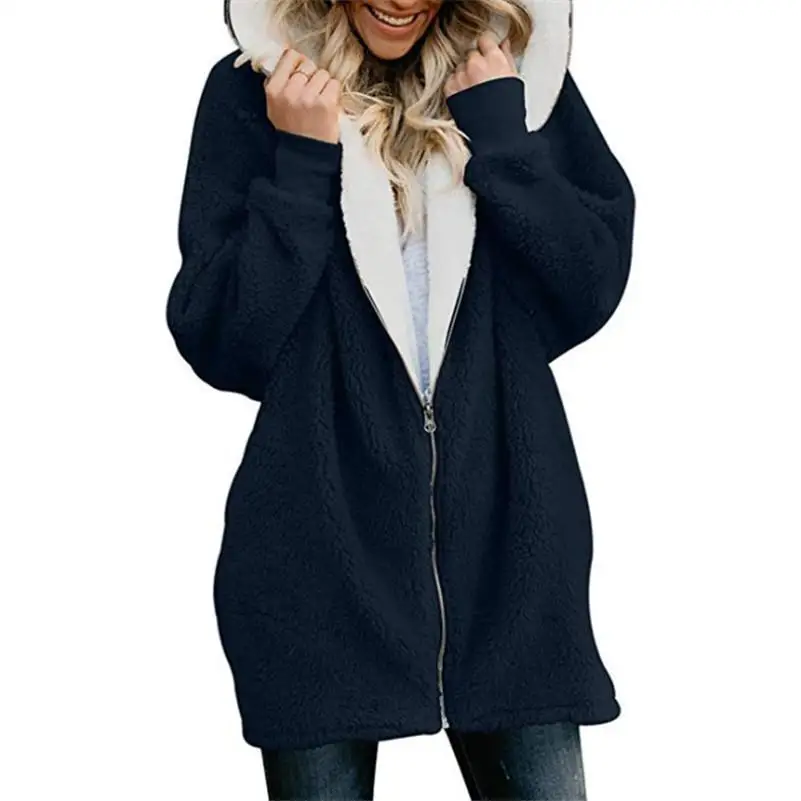 Russian Hot Women's Sweater Coat Solid Color Autumn Winter New Fashion Wool Fleece Zipper Cardigan Warm Plush Sweaters 11 Colors - Цвет: Navy blue