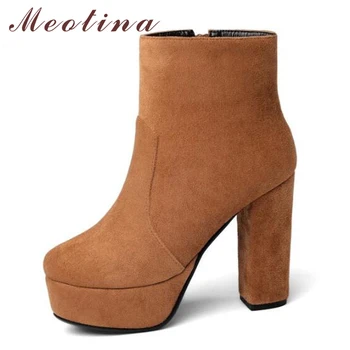 

Meotina Women Ankle Boots High Heels Boots Platform Winter Zipper Sexy 2018 Autumn Ladies Short Shoes Thick Heels Size 34-43 42