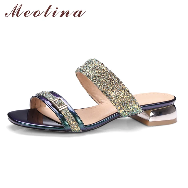 Meotina Women Sandals Summer 2017 Women Slides Glitter Low Heel Slippers Causal Beach Shoes Ladies Sandals Gold Large Size 9 10