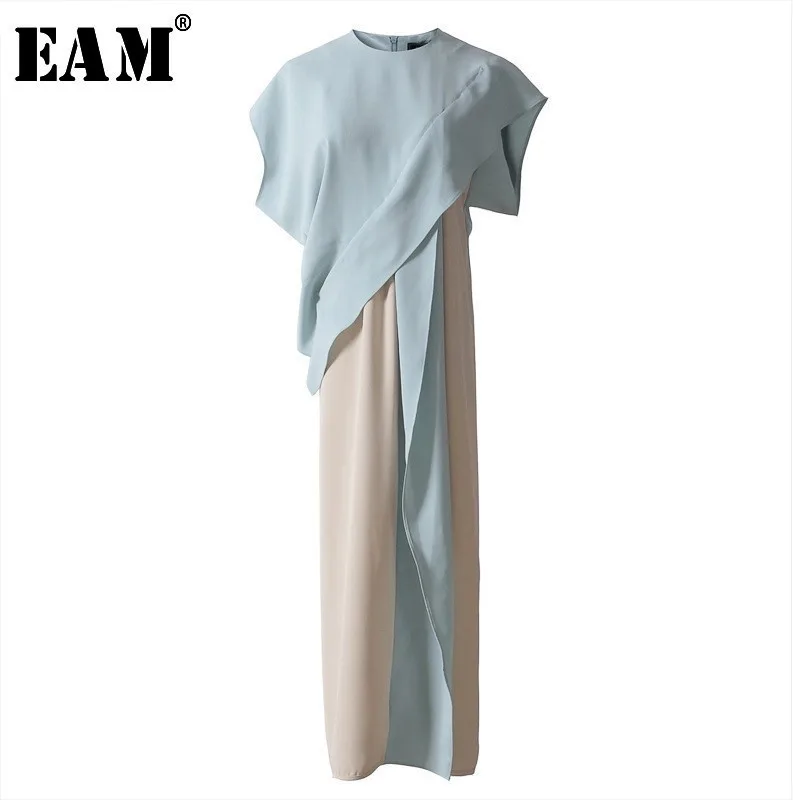 

[EAM] 2019 Spring Summer Fashion New Round Collar Short Sleeve Hit Color Stitching Bandages Ruffle Women Dress YC846