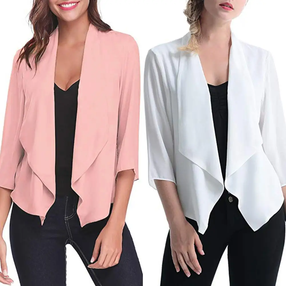 

New Women Cardigan Solid Color 3/4 Sleeve Thin Coat Cardigan Office Lady Casual Overwear Jacket