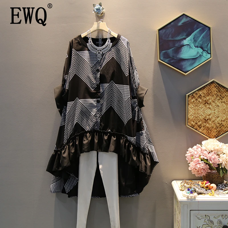 

[EWQ] 2019 New Pattern Spring Summer Round Short Sleeve Striped Patchwork Casual Loose Shirt Dress Women Fashion Tide AE67301