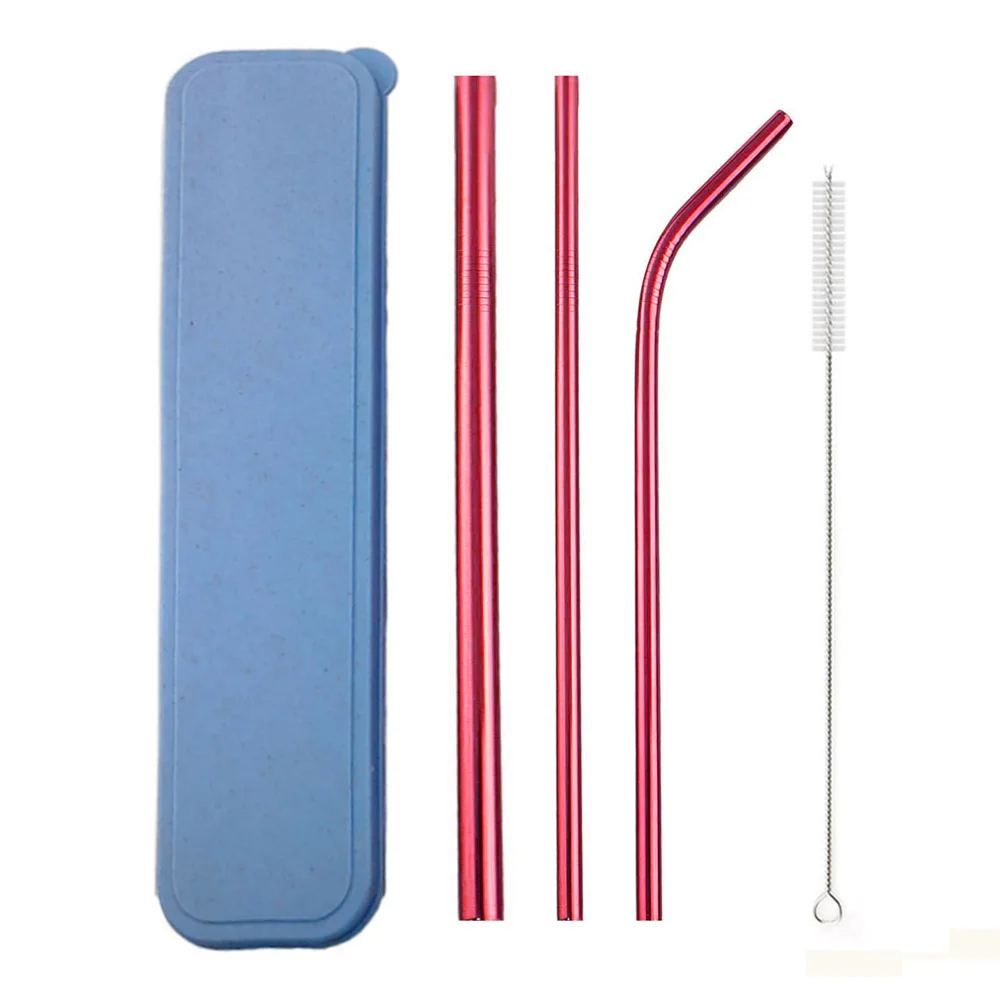 5Pcs/Set Reusable Drinking Straw With Cleaner Brush Metal Straw 304 Stainless Steel Straw 215MM Straw Eco Friendly Straw Box - Цвет: 5Pcs Red set