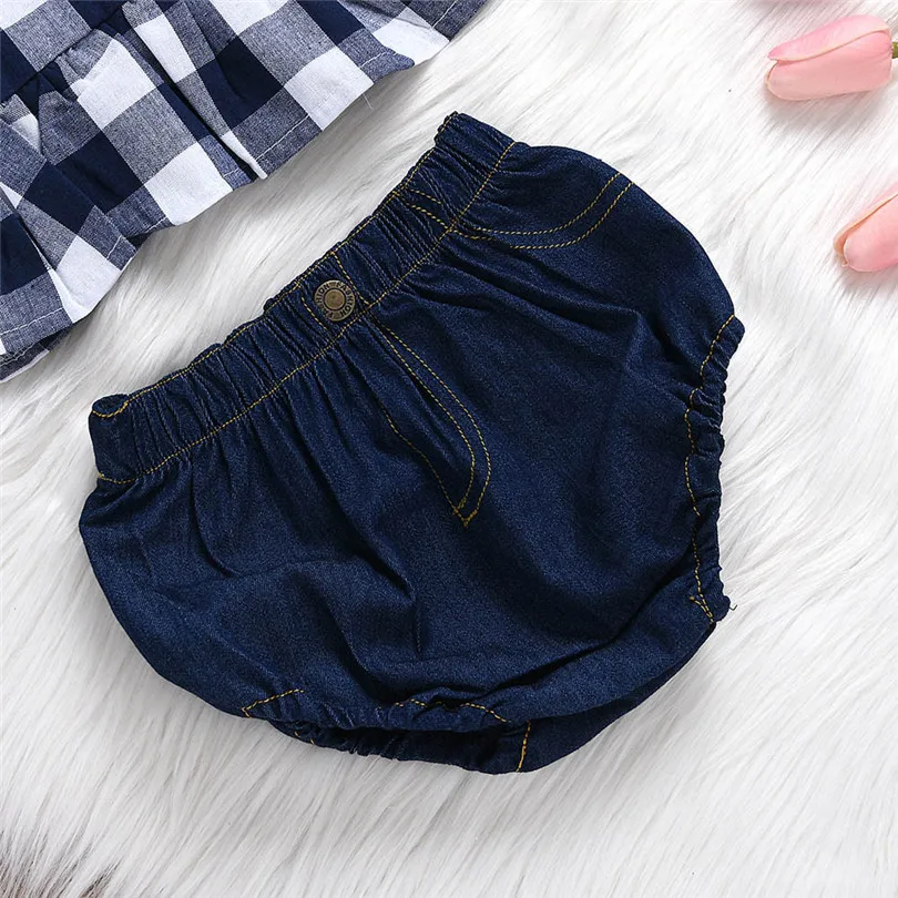 2019 New cute Toddler Baby Girl Summer Plaid Skirted T-shirt Tops+Denim Shorts Clothes Set fashion design (2)