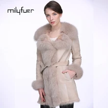 Milyfuer Fox Fur Coats Women Genuine Fox Fur Collar Fashion Wool Coat Full Pelt Solid Natural Fur Winter Autumn Keep Warm Coat