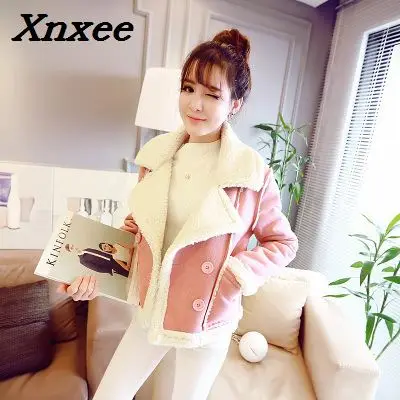 

2018 Fashion Shearling Sheepskin Coats Women Thick Pink Green kawaii Jackets Autumn Female Lambs Wool Short Motorcycle Outerwear