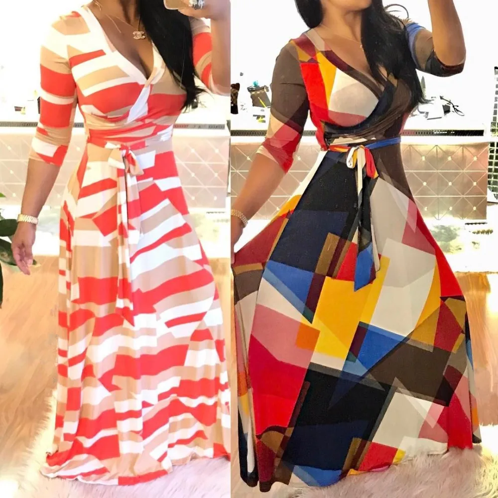Cute casual geometric print long dress women 2017 fit and flare V neck long length robe full sleeve sashes dresses mujer MC5330