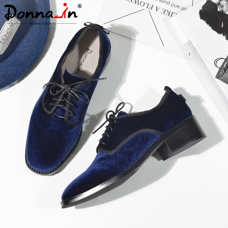 

Donna-in 2019 New Autumn Women Shoes Flats Genuine Leather Casual Lace Up Flock Gold velvet Ladies Shoes Med Heels For Female