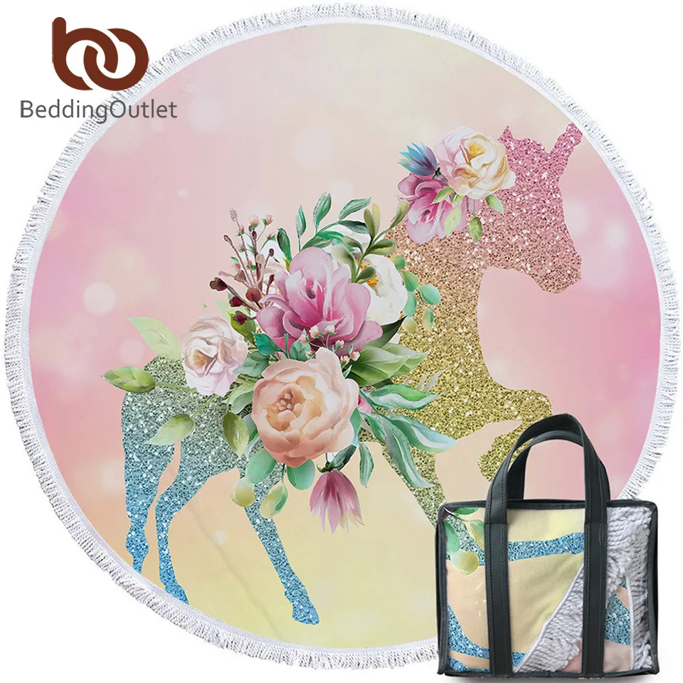 

BeddingOutlet Shining Unicorn Tapestry Flower Leaf Round Beach Towel Girls Floral Toalla Sunblock Blanket Pink Yellow Yoga Mat