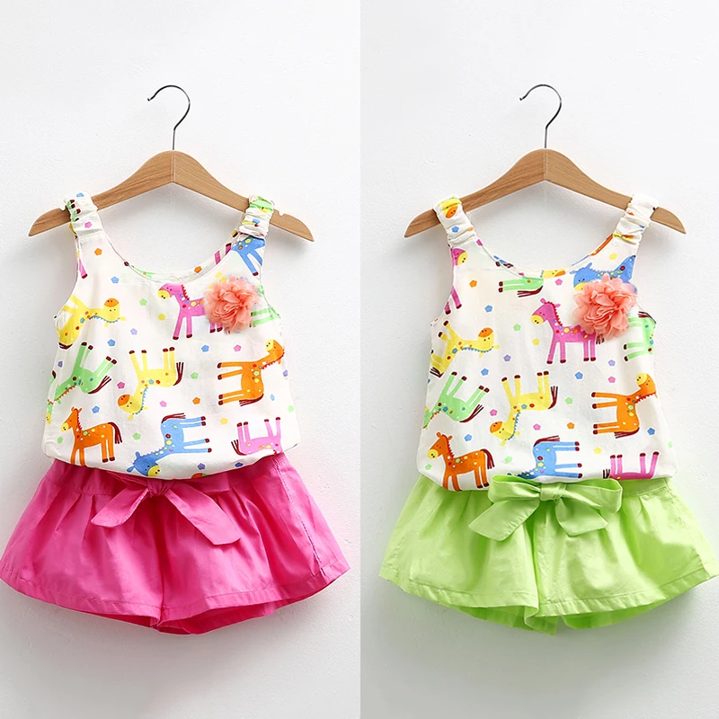 Girls Clothing Set O-neck Sleeveless 2018 Summer 2-10 Years Kids Cartoon Colorful Horse Print Vest+Shorts 2 Piece Outfits Sets