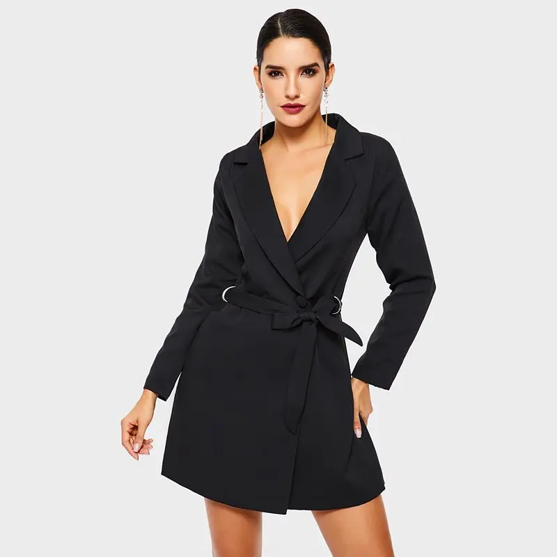 Office White Blazer Women 2019 Formal Long Outwear Ladies Tops Elegant Black Sexy Lace Up Autumn Overcoat Business Female Coat