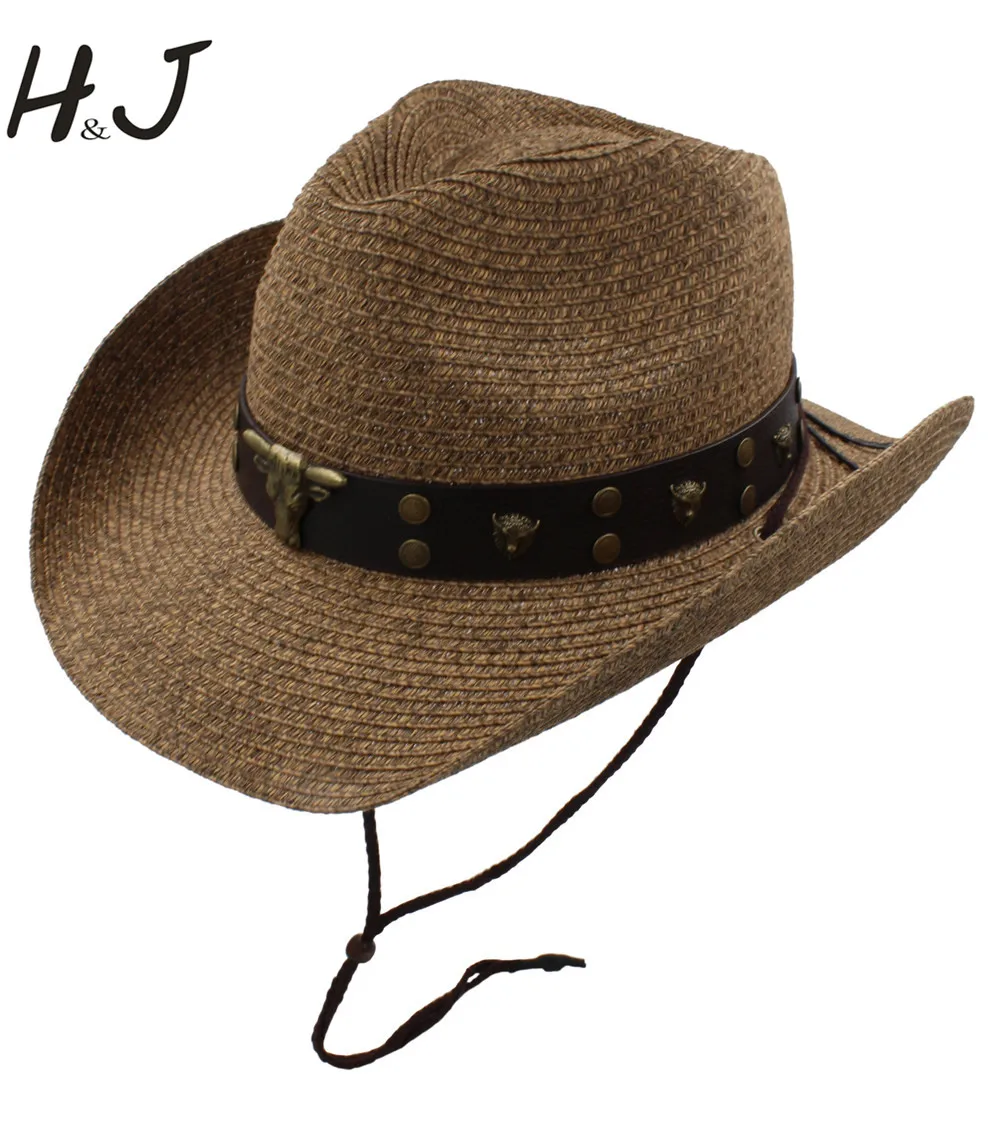 Fashion Men Western Cowboy Hat With Punk Leather Bull Band For