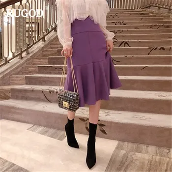 

RUGOD Ruffled women skirt slim mermaid mid-calf elegant high waist casual purple office laides vintage spring modis femme falda