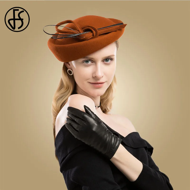 

FS Orange Vintage Wool Hat With Bow Pillbox Wedding Fascinators For Women Elegant Black Church Dress Royal Hats Chapeu Feminino