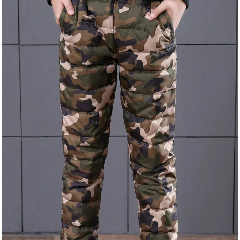 Новые зимние детские камуфляжные пуховые штаны с завышенной талией плотные теплые уличные штаны с подкладкой для мальчиков и девочек