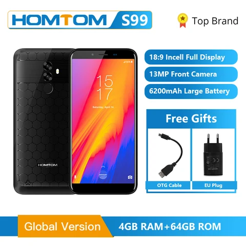 HOMTOM S99 Face 6200mAh 4GB 64GB Smartphone 5 5-Inch Bezel-less 21 2MP Dual Rear Cameras Android 8 0 Fingerprint Mobile Phone