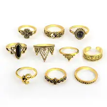 10 pçs/set Mulheres Anéis Vintage Boêmio Stack Anéis Aneis de Prata Acima Knuckle Anel Azul Conjunto de Enfeites de cabelo Jóias Acessórios Anel