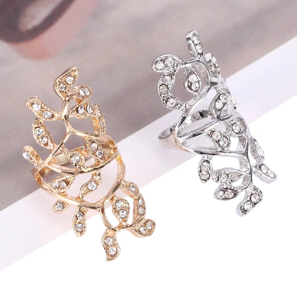 

Fashion Bohemian Crystal Rings for Women Chic Design Gold Silver Plated Crystal Long Branch Leaves Knuckle Ring