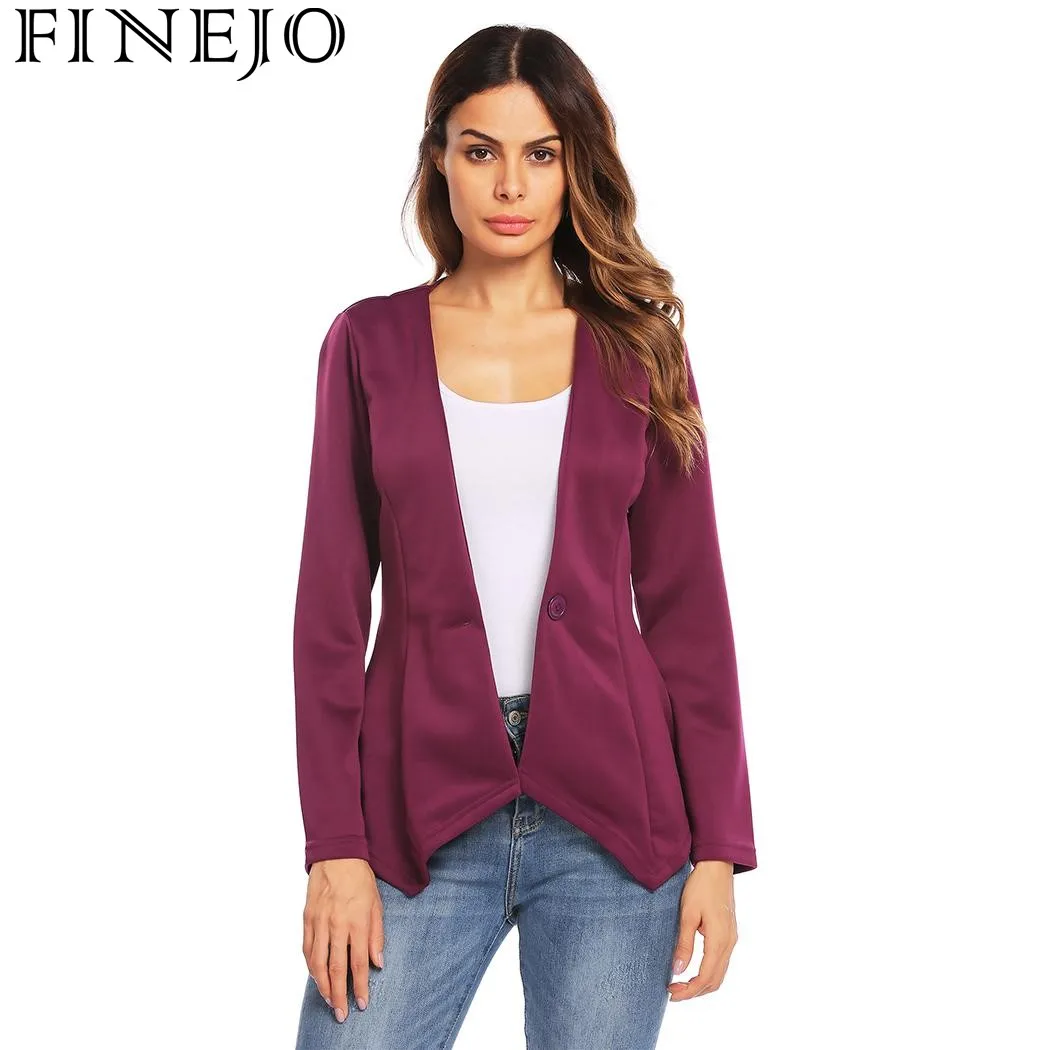 Finejo Slim Fit Irregular Casual Office Blazer Women V Neck One Button ...