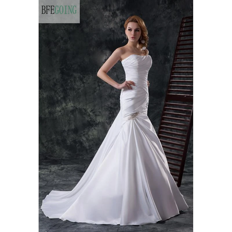 

White Satin Sweetheart Floor-Length Mermaid /Trumpet Wedding Dresses Sweep/Brush Train Sleeveless Lace up