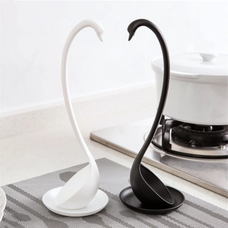 

New Swan Shaped Soup Ladle White/Black Design Special Upright Swan Spoon Useful Kitchen + Saucer Cooking Tool wholesale
