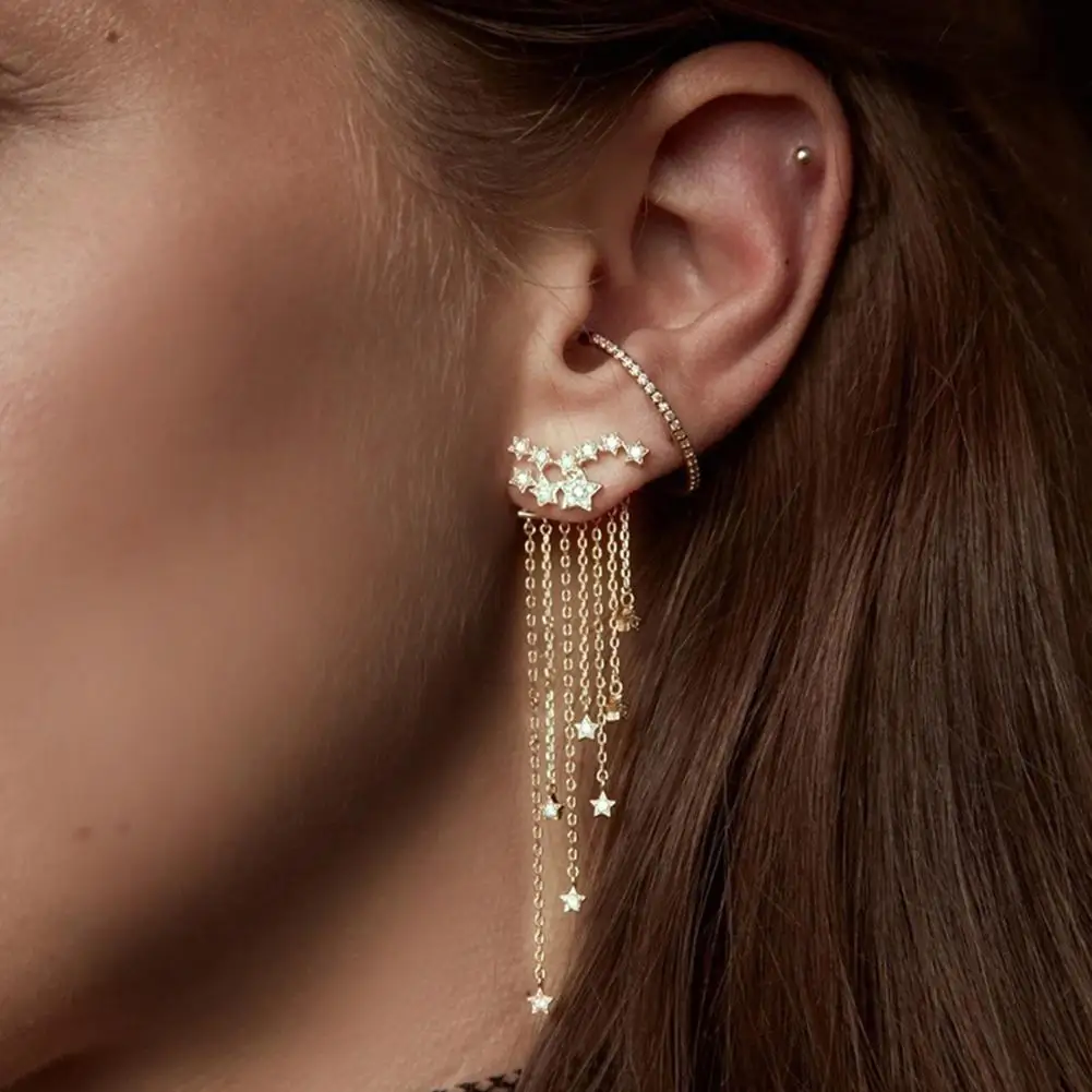 

Hot!!! Glitter Star Rhinestone Tassel Chain Dangle Ear Jacket Earring Women Jewelry