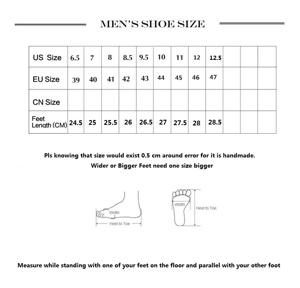 man detial shoes size sheet