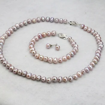 

natural Purple pearl necklace set 7-8mm 18" bracelet 7.5" earrings 2 piece/lot DIY wholesale women wear jewelry