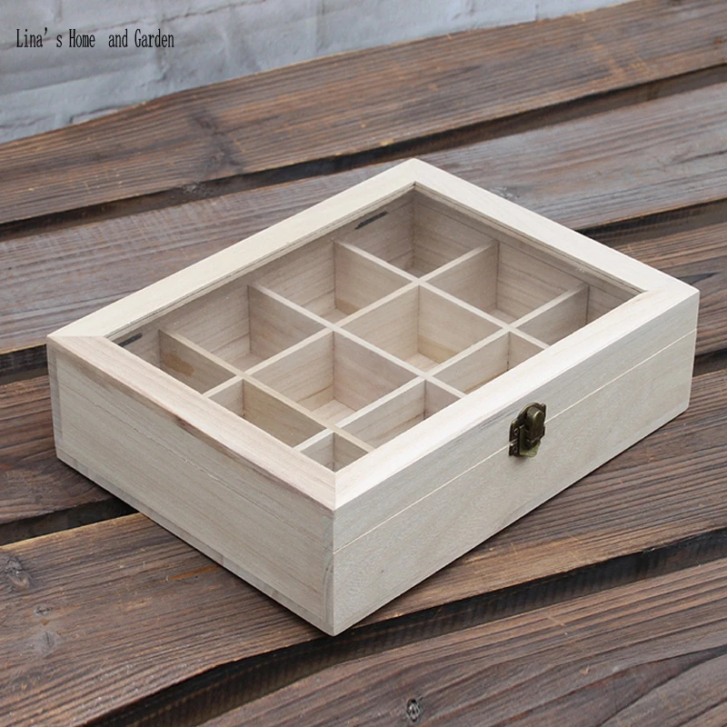 glass top original primitive solid wooden 20 equal compartment box