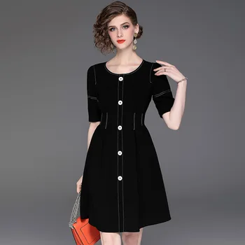 

Black Dress Women New 2019 Spring And Summer Fashion Half sleeve Round neck Slim waist Casual A Line Knee Length Dress Female
