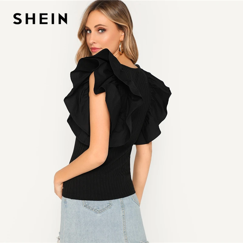 SHEIN الأسود الطبقات الطبقات كشكش كم ضلع متماسكة جاهزة المحملة تي شيرت المرأة الصيف عالية الشارع عارضة الصلبة التي شيرت قمم