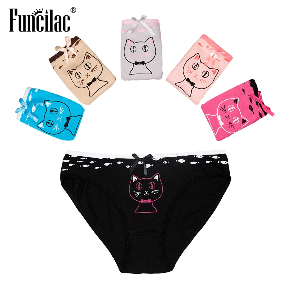 FUNCILAC нижнее белье Для женщин Kawaii с рисунком котенка Принт трусики сексуальные