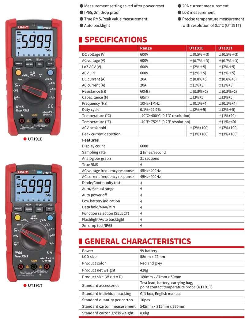 UNI-T UT191E/UT191T профессиональный мультиметр; true RMS IP65 Водонепроницаемый/пылезащитный цифровой мультиметр, температура/LoZ напряжение