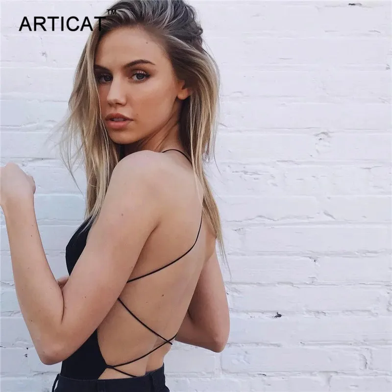 Articat مثير الدانتيل يصل عارية الذراعين Bodycon النساء الصليب ضمادة Bodycon حللا رومبير الصيف عارضة بدلة للجسم النساء قمم وزرة