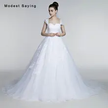 Elegant White Ball Gown Square Cap Sleeve Pleat Lace Wedding Dresses 2017 Formal Women Bridal Gowns vestido de noiva Custom Made