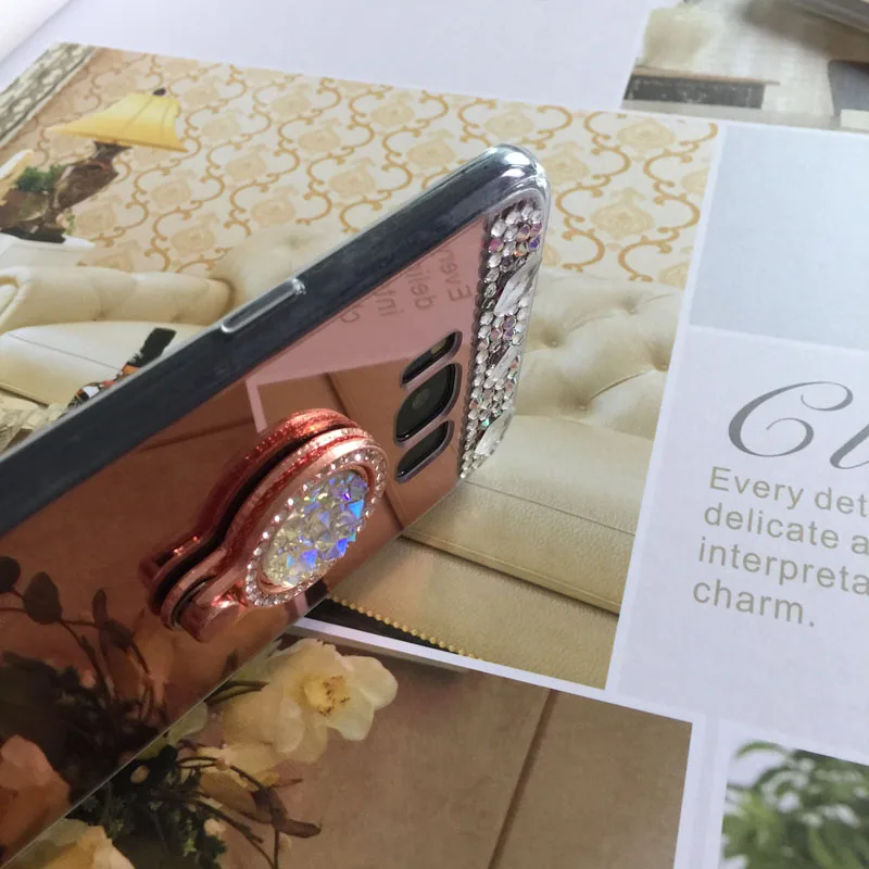 Для Samsung Galaxy S8 плюс Роскошный Алмаз Мягкие резиновые Кристалл Rhinestone Блеск Зеркало Дело держатель для Galaxy S6 S7 край