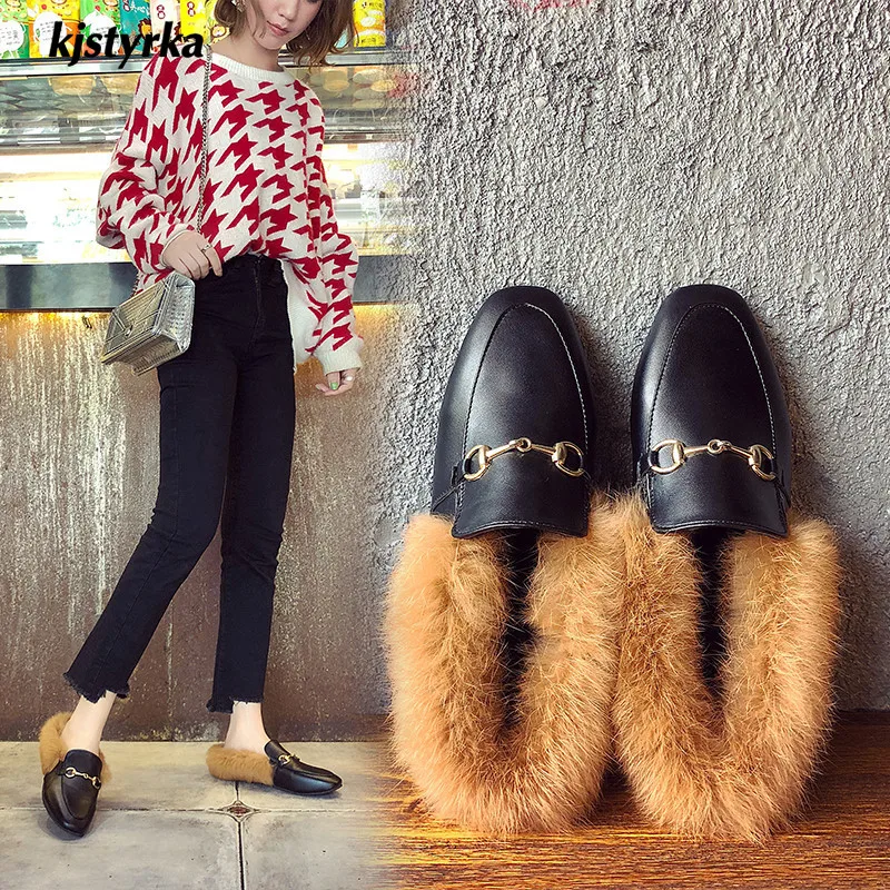

Kjstyrka zapatos mujer 2018 Autumn winter brand fashion metal furry comfortable Women flats ladies lofers shoes sapato feminino