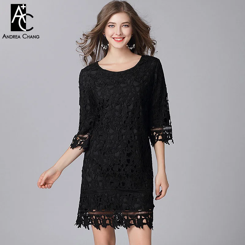 Плюс размер женское платье L-5XL Высокое качество Лето Весна платье выдалбливают вышивка цветочный узор кружевное мини прямое черное платье - Цвет: Черный