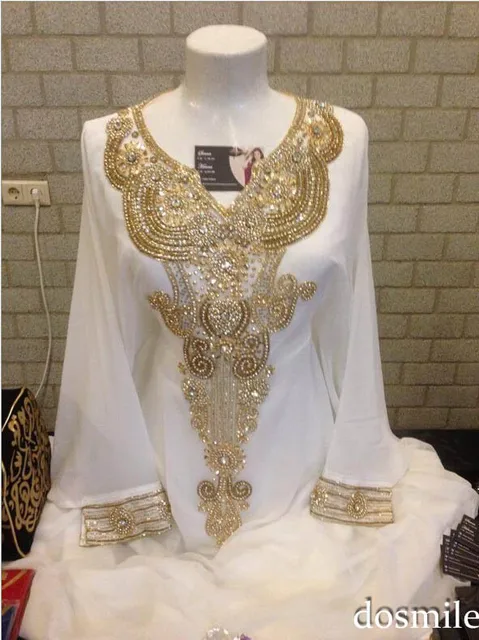 2016 elegant White Chiffon Long Sleeve Gold Beading crystals sequins Floor Length Pakistan Free