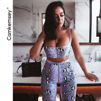 CamKemsey Women Two Piece Sets 2019 Fashion Snake Skin Print Sexy Zippers Tank Tops And High Waist Skinny Pants Capris Sets