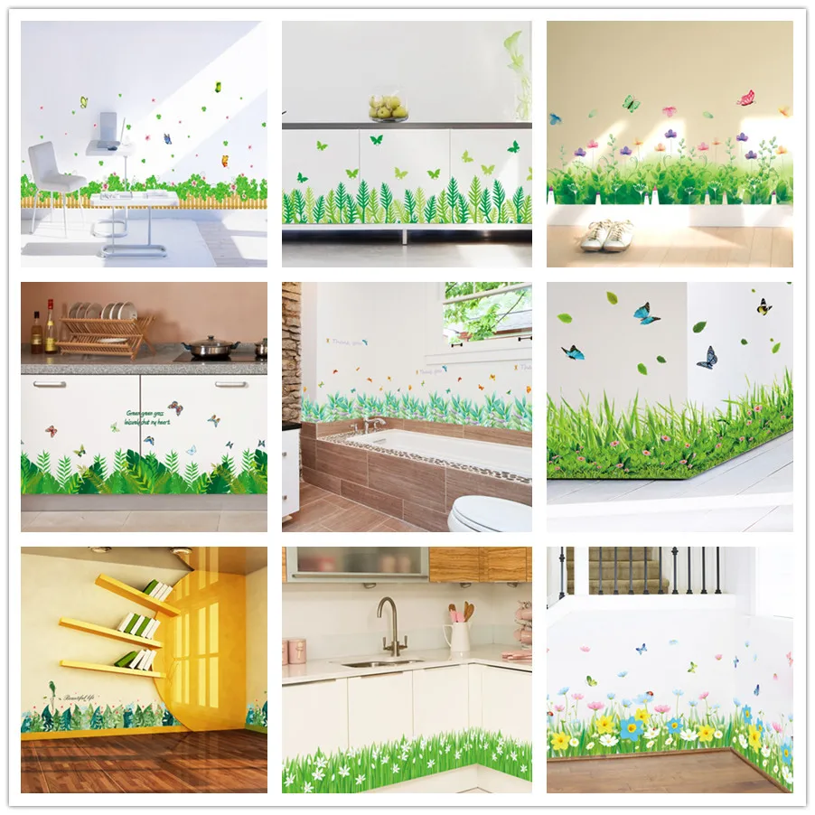 

% flower green grass butterfly baseboard Wall Stickers Skirting living Room bedroom Bathroom Kitchen bathroom nursery balcony