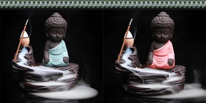 Backflow Incense Burner Ceramic Little Monk Stick Incense Holder Home Decor Aromatherapy Buddha Censer+ 20Pcs Incense Cones