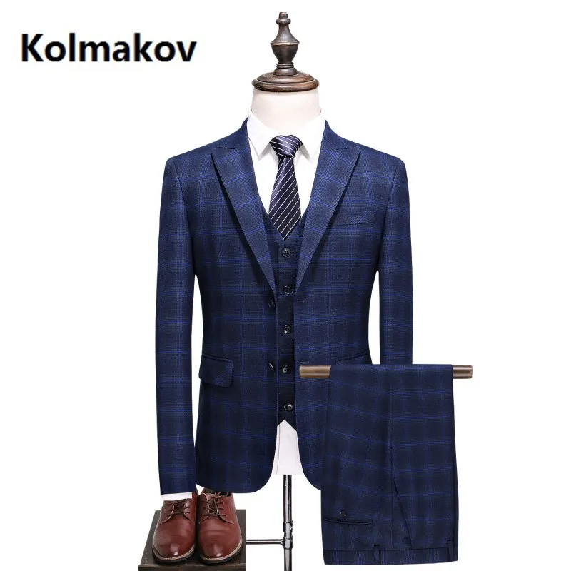 Куртка+ жилет+ брюки) мужской модный костюм Slim Fit деловой костюм мужские роскошные мужские полосатые свадебные костюмы официальная одежда платье - Цвет: Тёмно-синий