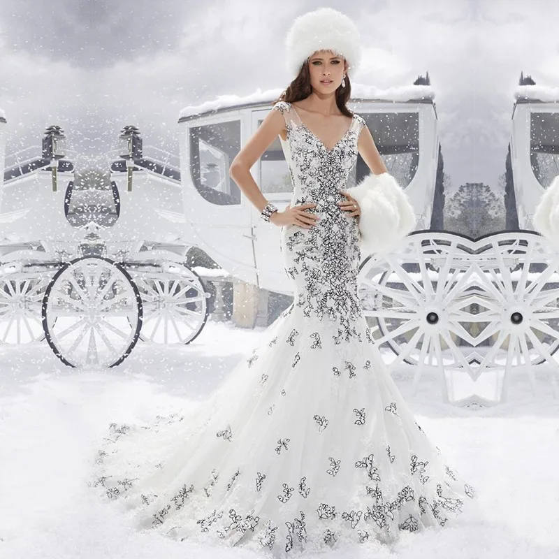 black and white mermaid wedding dress