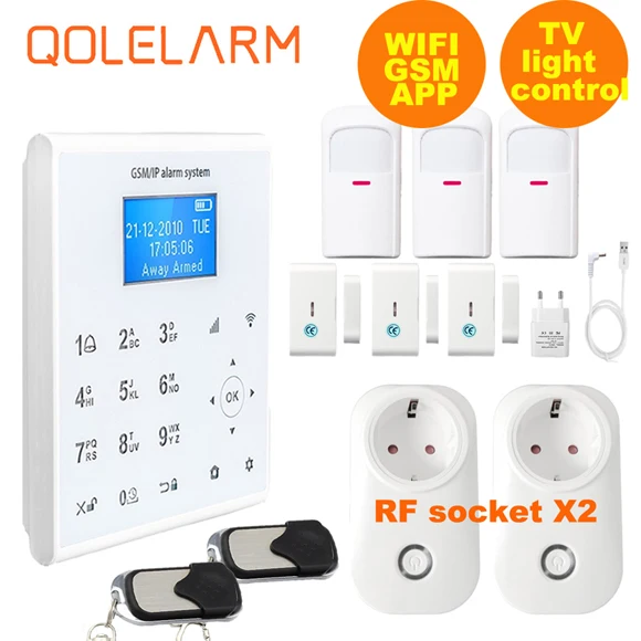 QOLELARM ЖК меню wifi GPRS GSM приложение 433 МГц беспроводная домашняя охранная сигнализация с Умной розеткой, датчик дыма, провод pir - Цвет: smart home kit