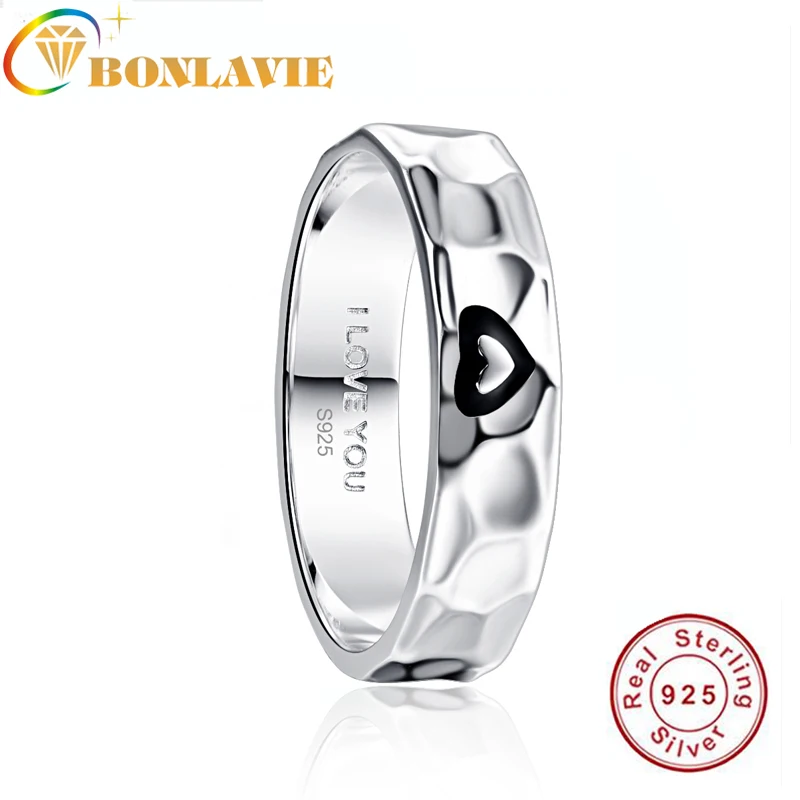 

BONLAVIE 12-yard polished heart-shaped hammered finish blackened 925 Sterling Silver Ring for men Wedding Jewelry Accessories