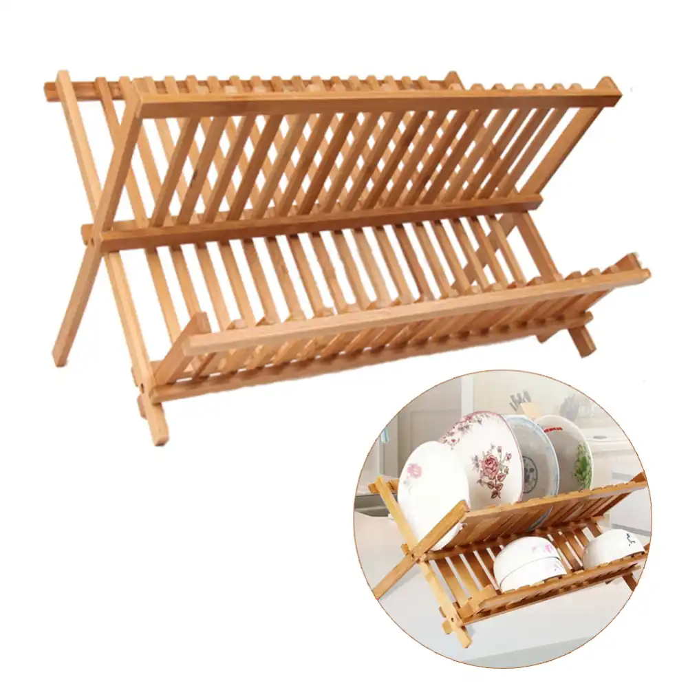 Folding Bamboo Dish Rack Dish Double Layer Drying Rack Bamboo Dish Rack Collapsible Dish Drainer Foldable Plate Rack Racks Holders Aliexpress